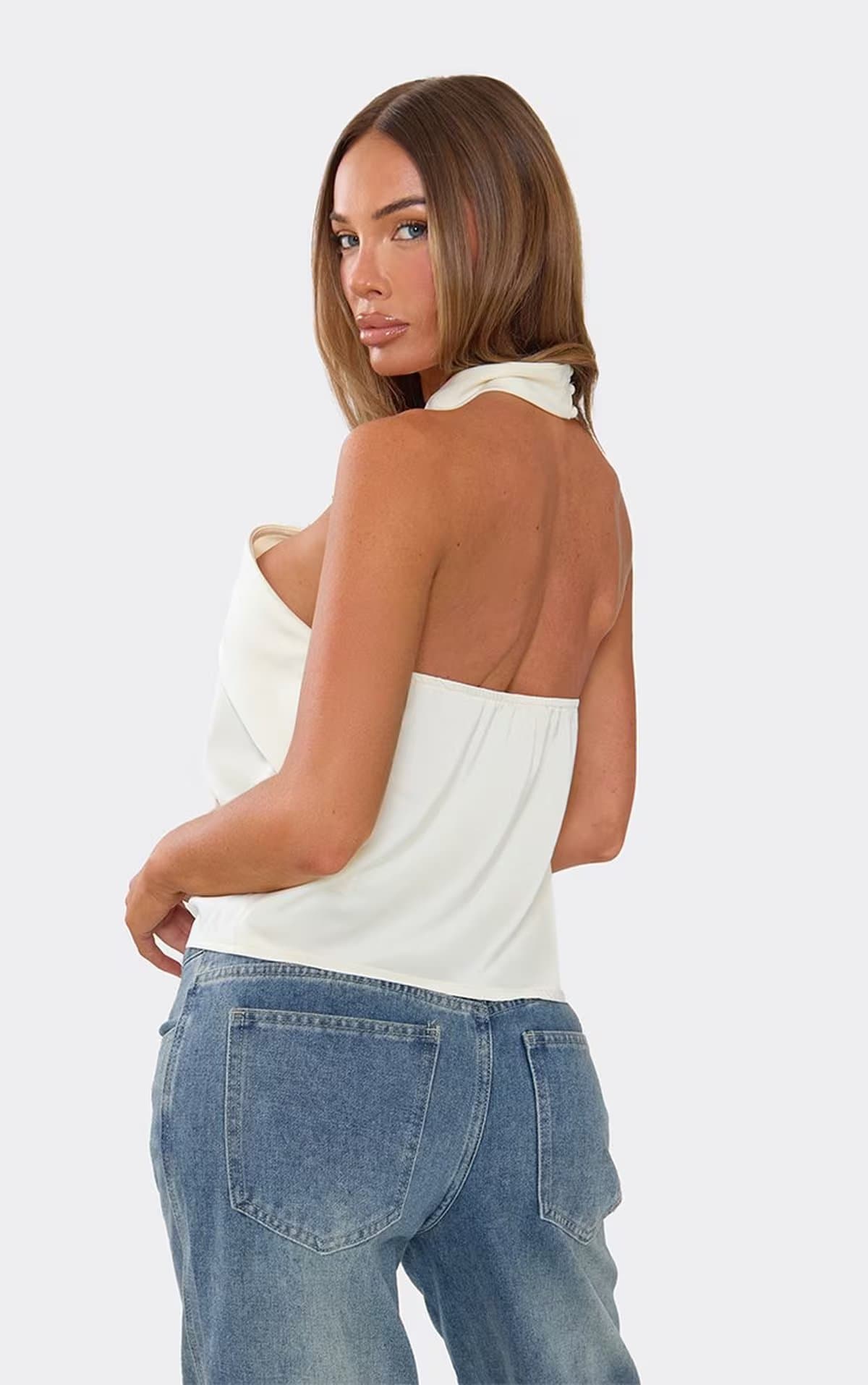 EGO Sleeveless Wrap Over Detail Top In Cream Satin., Women's Size UK 6