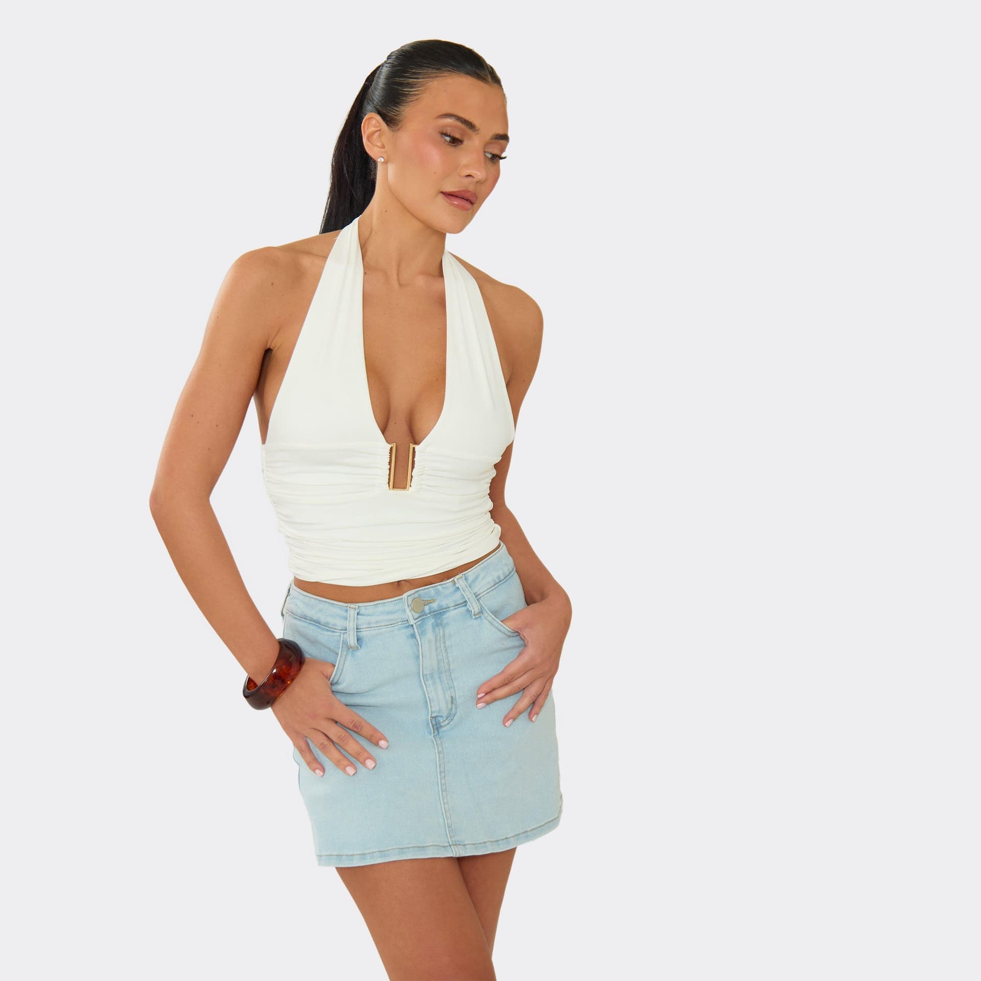 EGO Halterneck Plunge Front Trim Detail Ruched Top In White, Women's Size UK L
