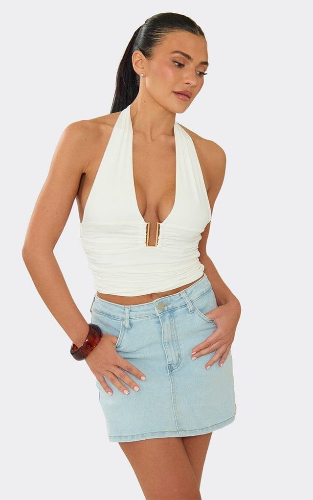 EGO Halterneck Plunge Front Trim Detail Ruched Top In White, Women's Size UK L - 2