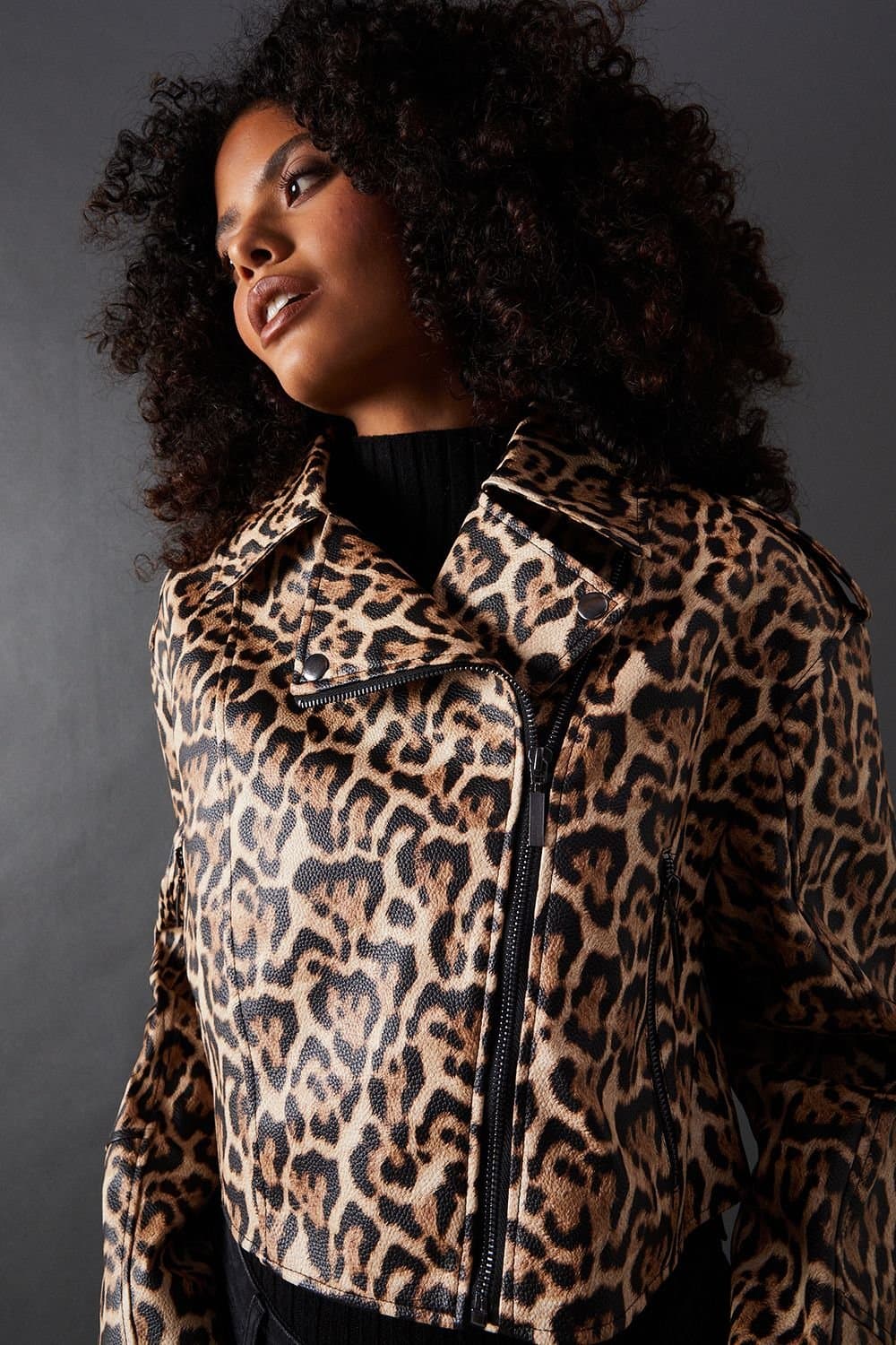 Warehouse Warehouse Women's Leopard Animal Oversized Biker Jacket