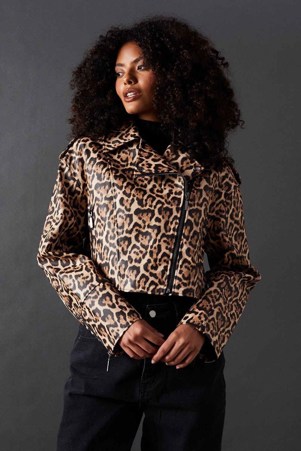 Warehouse Warehouse Women's Animal Oversized Biker Jacket in Leopard - 4