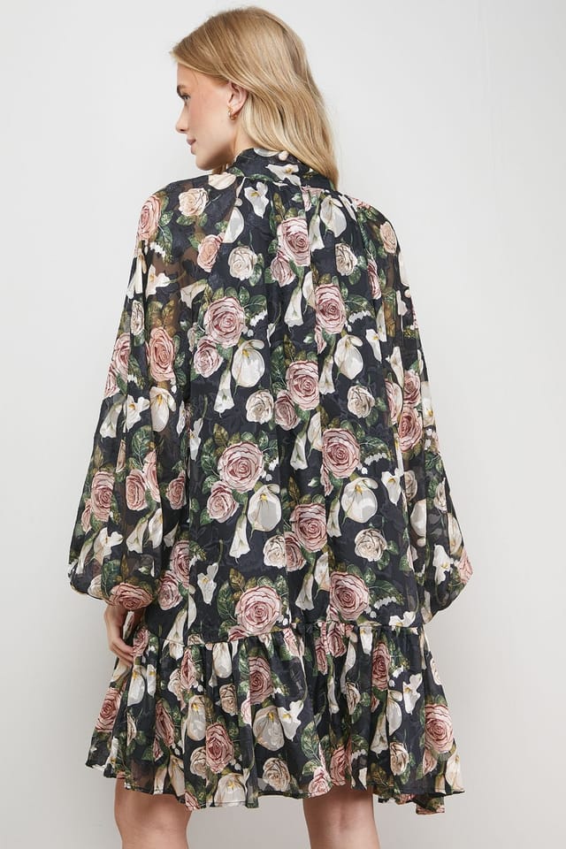 Oasis Oasis Women's Rose Print Tie Neck Balloon Sleeve Mini Smock Dress in Floral - 3