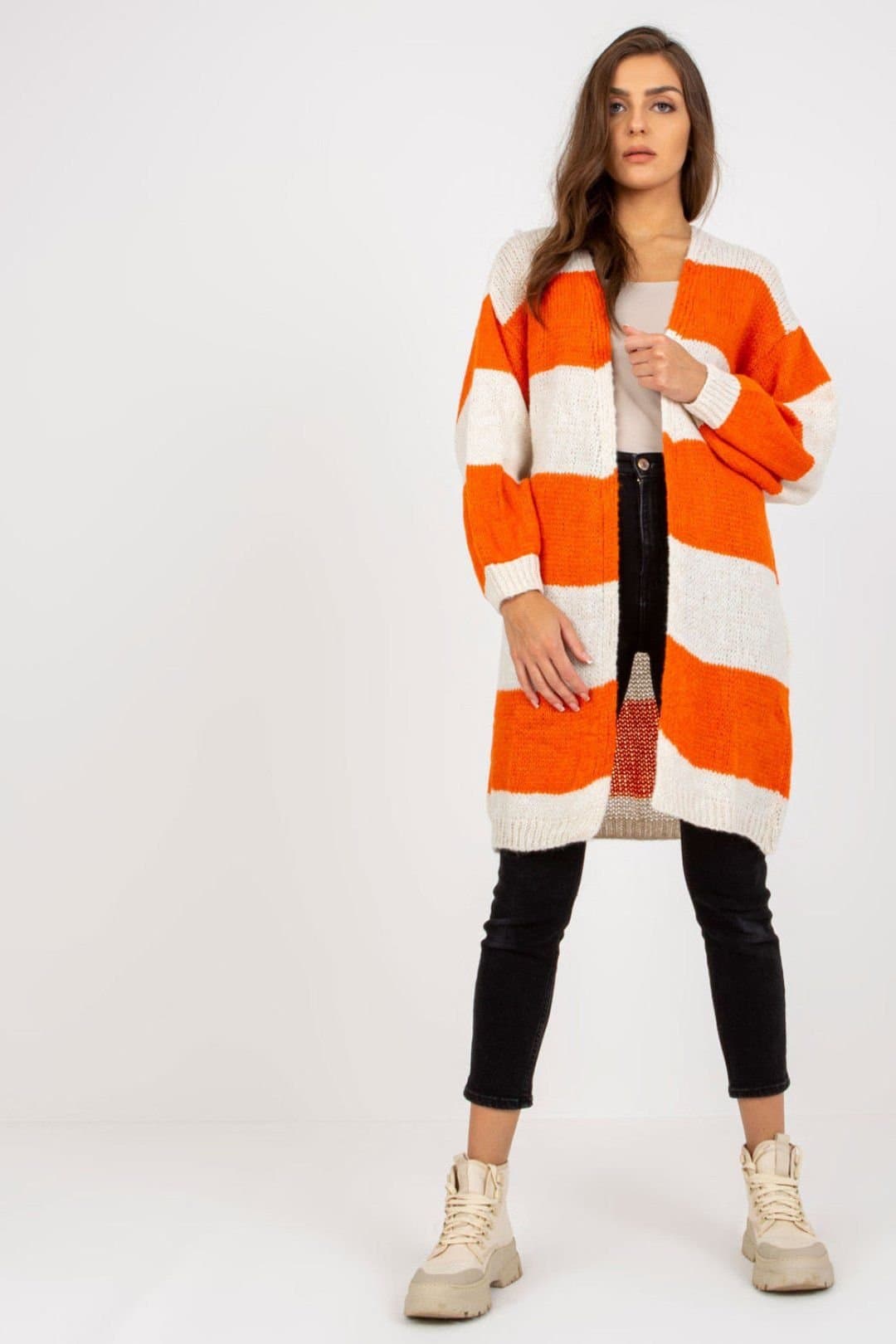 Love Lace Love Lace Women's Ochre Striped Long Sleeve Loose Cardigan in Orange