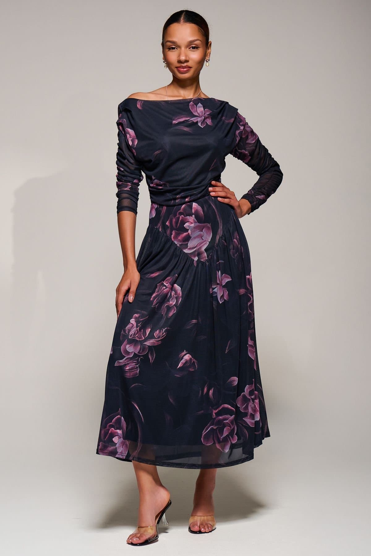 Jolie Moi Jolie Moi Women's Long Sleeve Asymmetric Mesh Midi Dress in Dark Pink