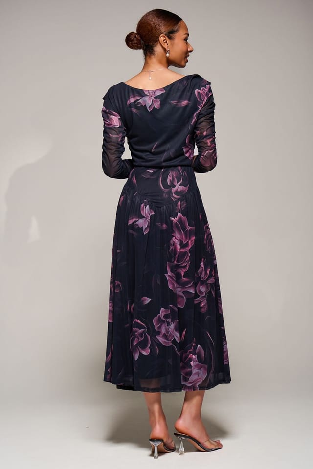 Jolie Moi Jolie Moi Women's Long Sleeve Asymmetric Mesh Midi Dress in Dark Pink - 2