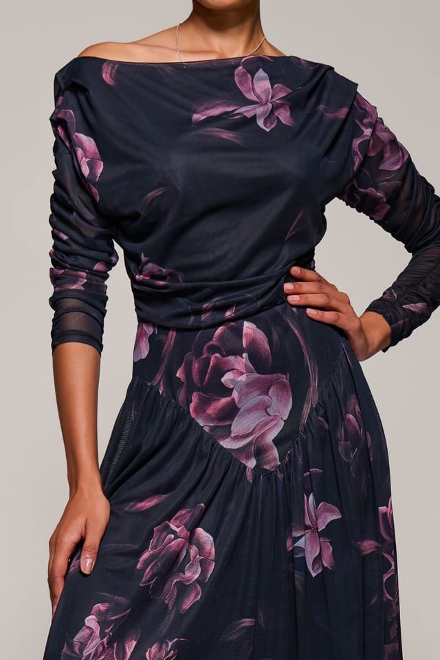 Jolie Moi Jolie Moi Women's Long Sleeve Asymmetric Mesh Midi Dress in Dark Pink - 3