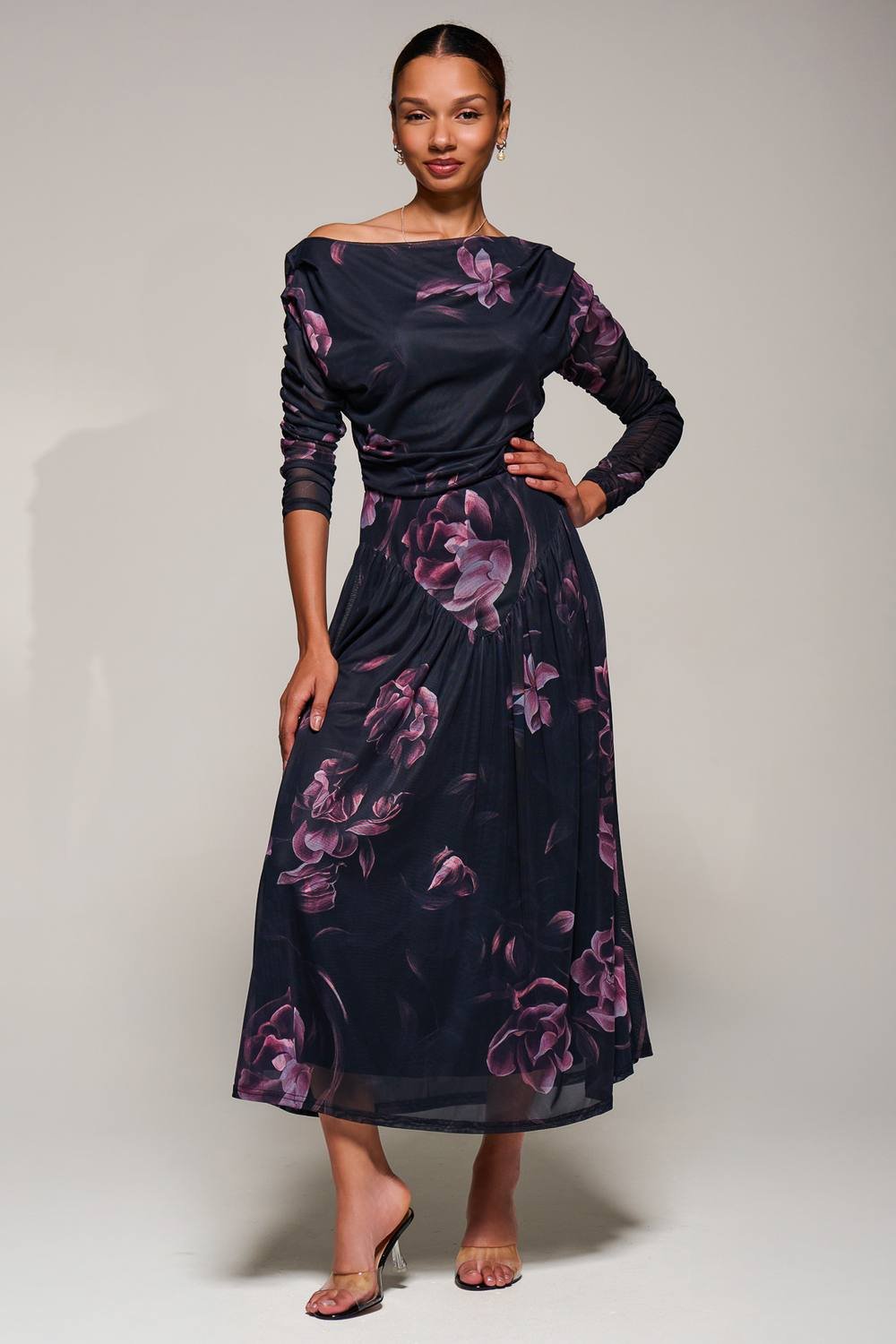 Jolie Moi Jolie Moi Women's Long Sleeve Asymmetric Mesh Midi Dress in Dark Pink - 4