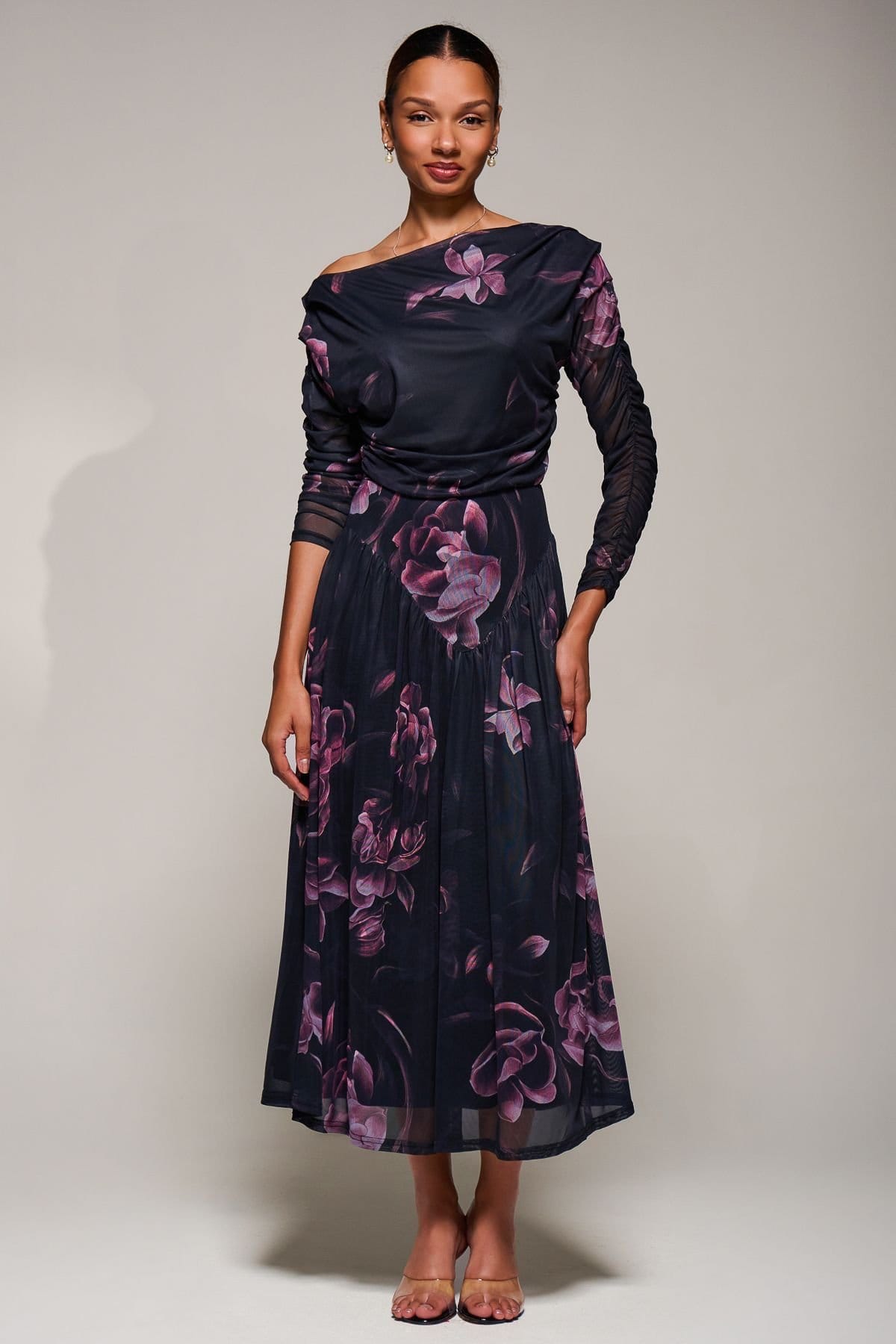 Jolie Moi Jolie Moi Women's Long Sleeve Asymmetric Mesh Midi Dress in Dark Pink - 4