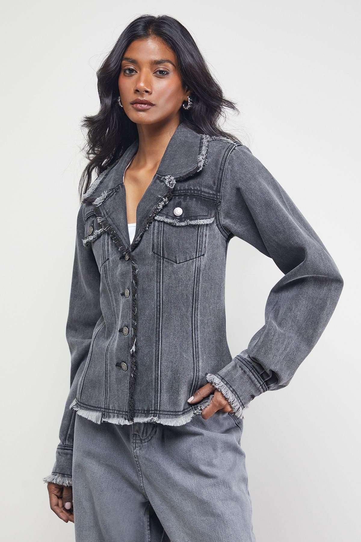 Warehouse Warehouse Women's Grey Denim Jacket With Frayed Hem