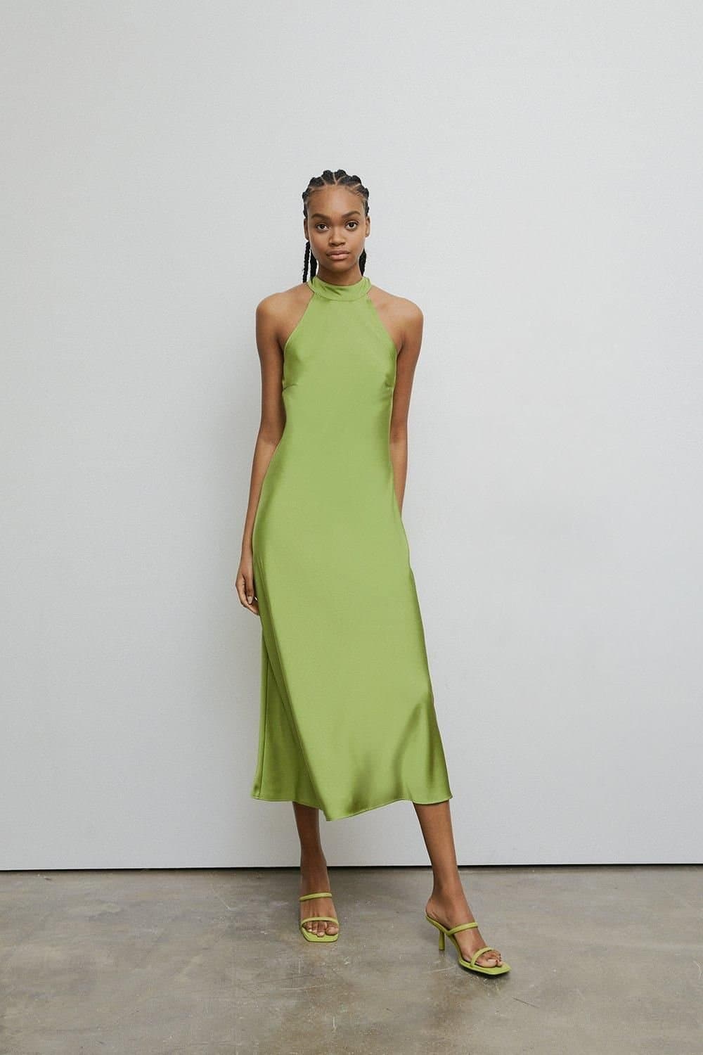 Warehouse Warehouse Women's Satin Halter Neck Backless Slip Dress in Green