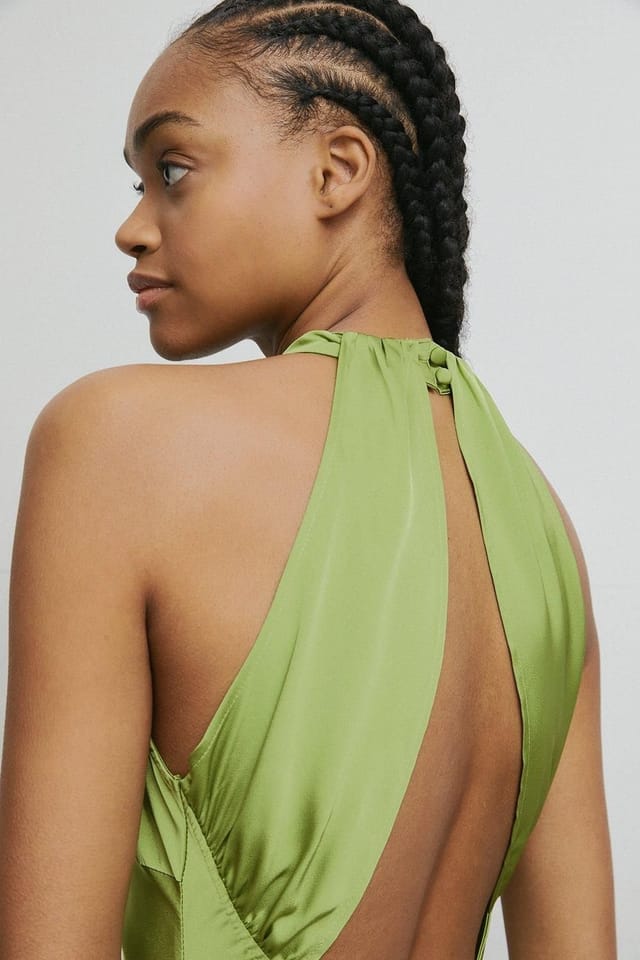 Warehouse Warehouse Women's Satin Halter Neck Backless Slip Dress in Green - 3