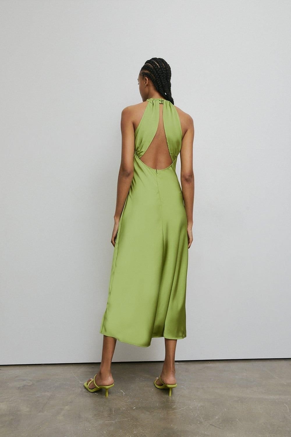 Warehouse Warehouse Women's Satin Halter Neck Backless Slip Dress in Green - 4