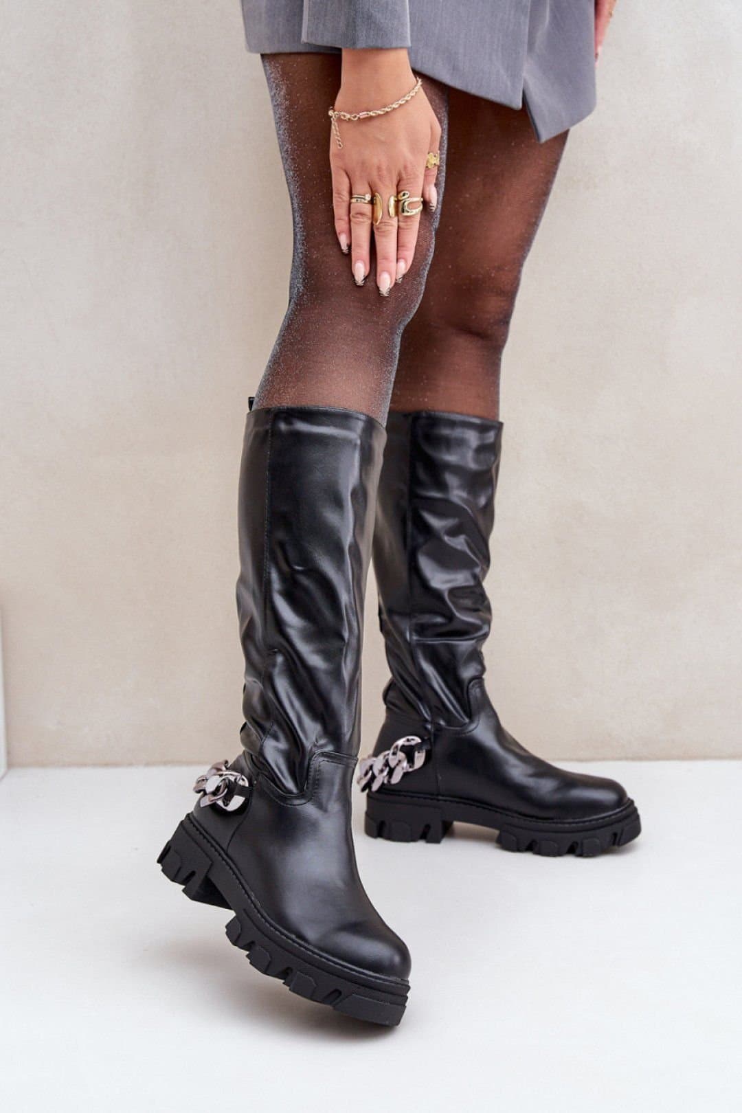 Love Lace Love Lace Women's Thigh High Chain Detail Flat Heel Boots for Everyday Comfort in Black