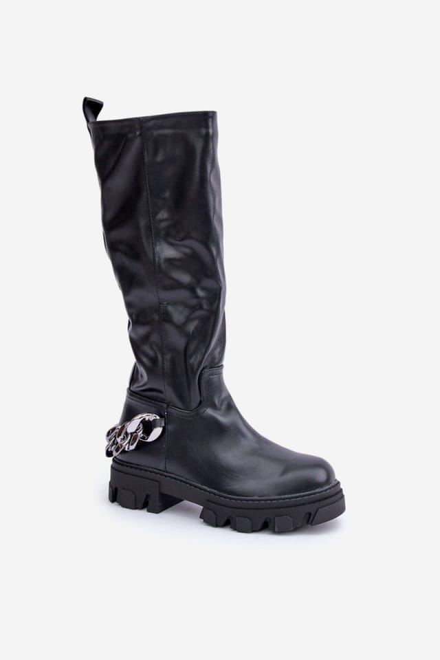 Love Lace Love Lace Women's Thigh High Chain Detail Flat Heel Boots for Everyday Comfort in Black - 2