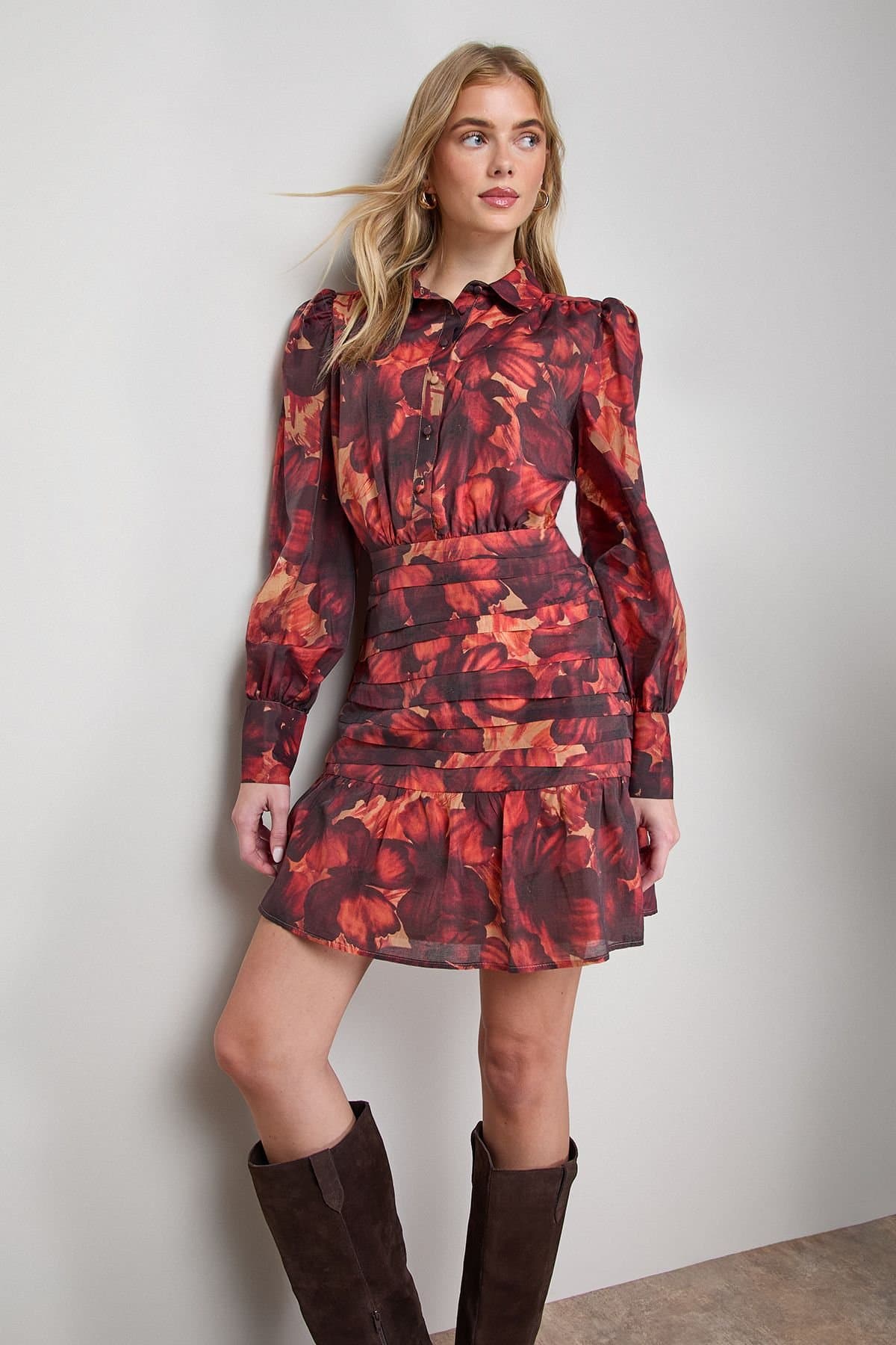 Oasis Oasis Women's Long Sleeve Button Up Collar Detail Mini Dress in Burgundy