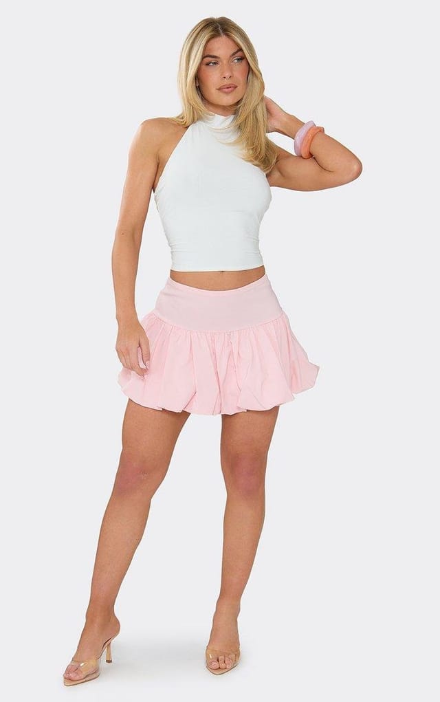 EGO Low Rise Puffball Mini Skirt In Baby Pink Stretch Woven, Women's Size UK 6 - 2