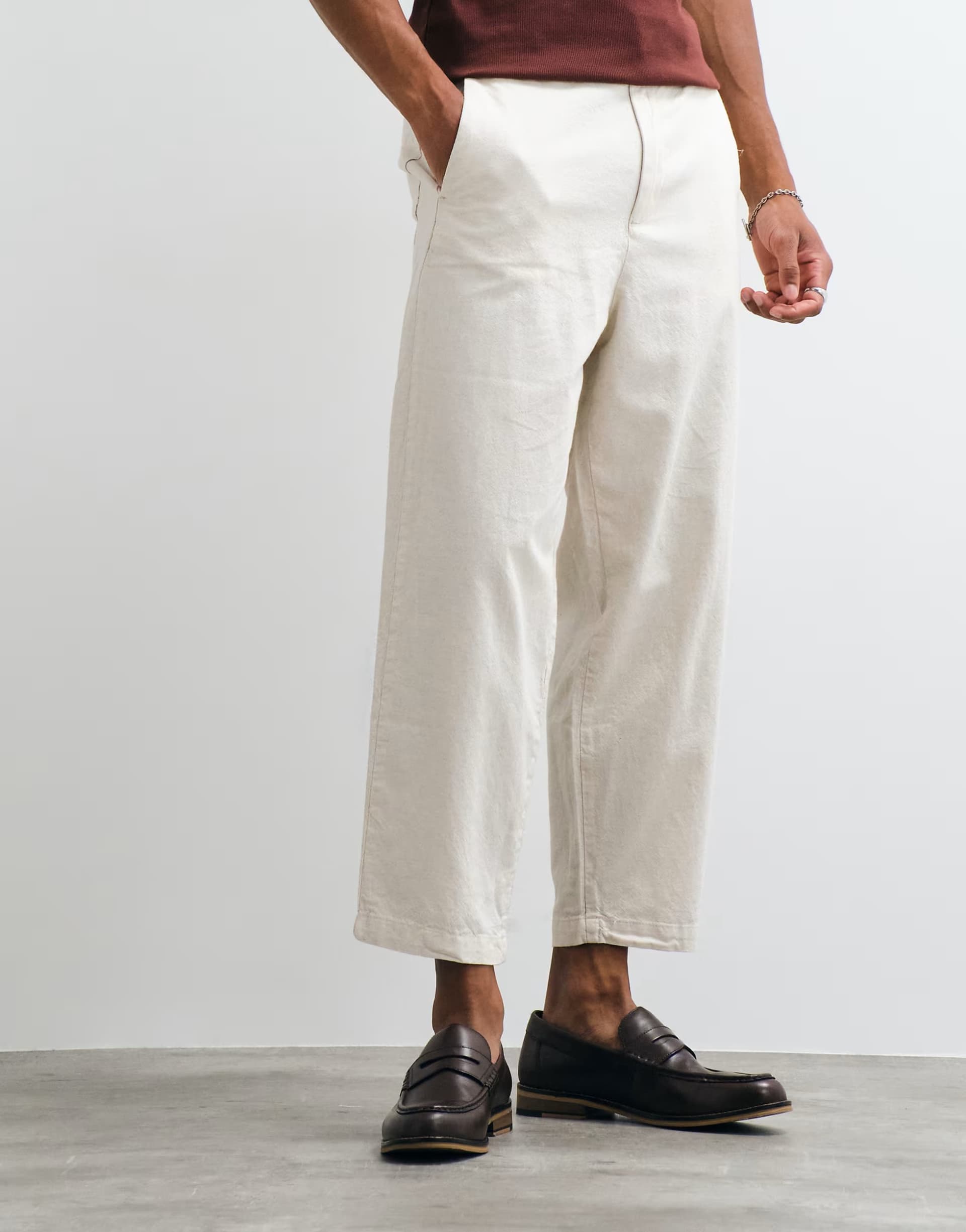 ASOS ASOS DESIGN relaxed tapered cropped linen blend trousers in ecru