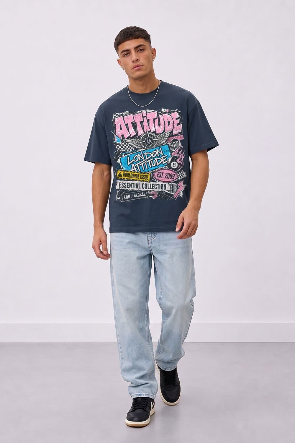 LONDON ATTITUDE LONDON ATTITUDE Men's Retro Graphic Oversized Heavyweight Streetwear T-Shirt in Blue