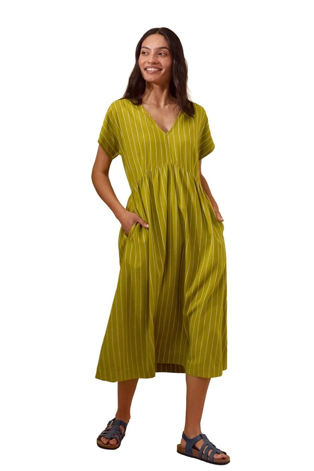 Celtic & Co Celtic & Co Women's V-Neck Gathered-Waist Striped Midi Dress in Mustard - 3
