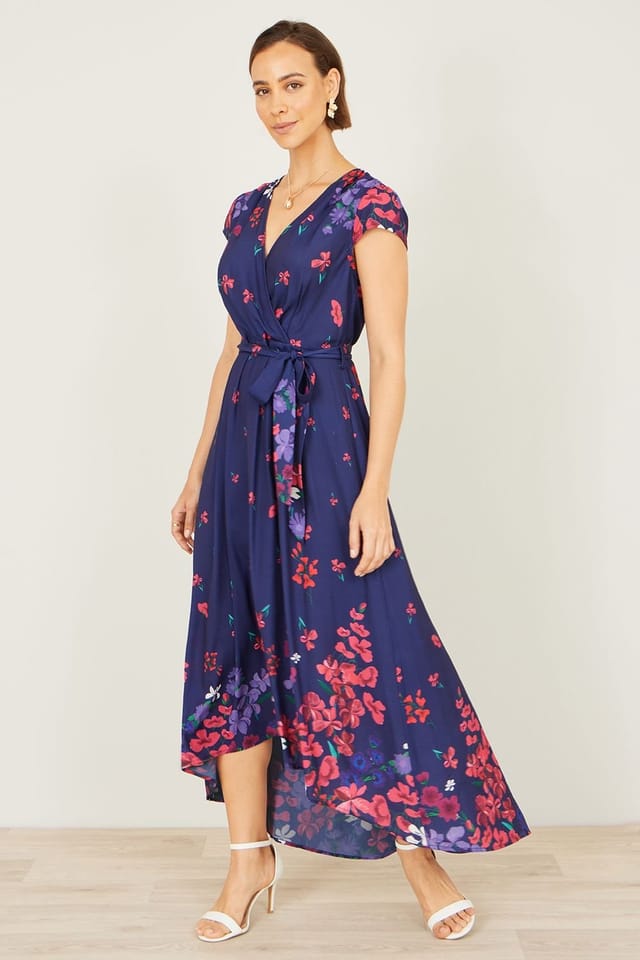 Yumi Yumi Women's Floral Mirror Wrap Dress With Dip Hem in Navy - 2