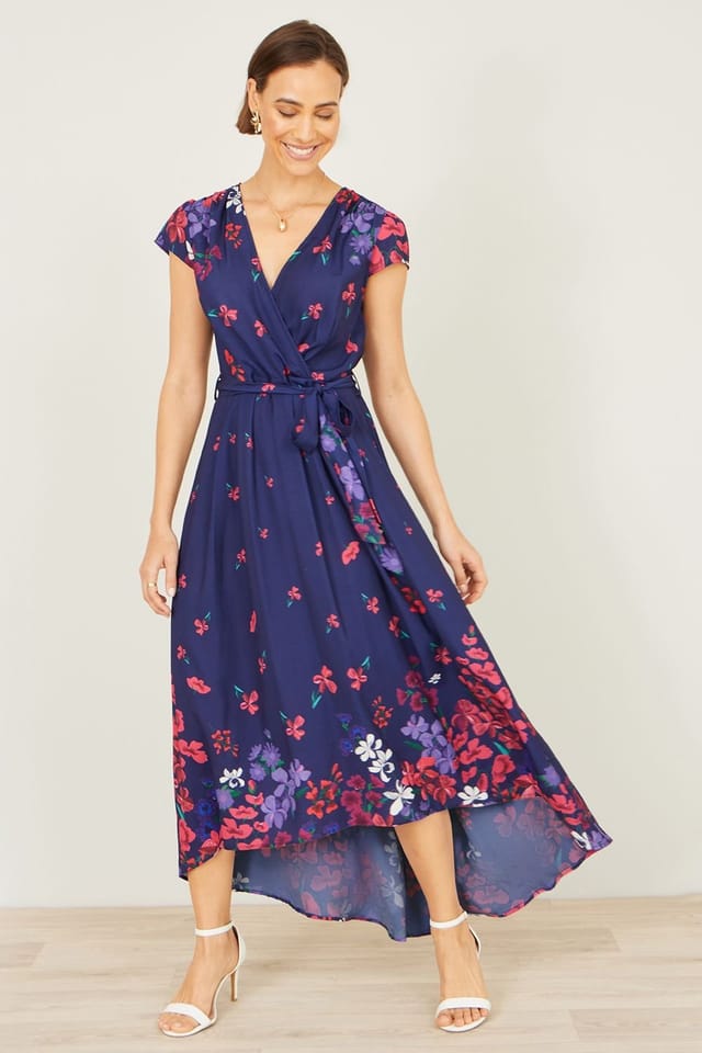 Yumi Yumi Women's Floral Mirror Wrap Dress With Dip Hem in Navy - 3