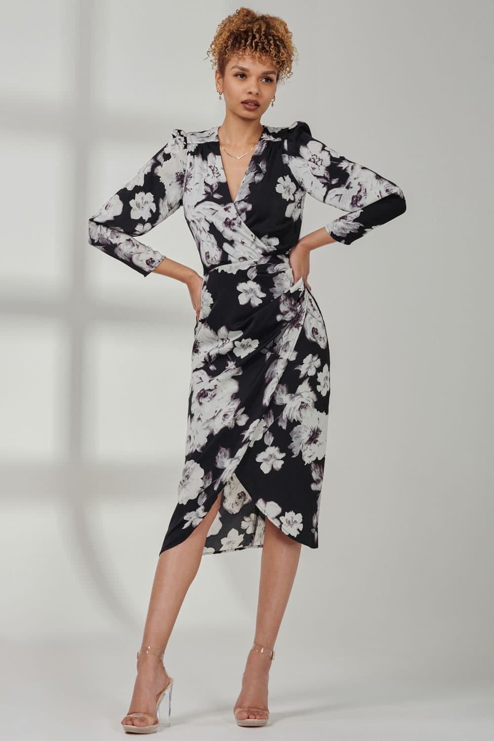 Jolie Moi Jolie Moi Women's Print Satin Wrap Bodycon Dress in Black