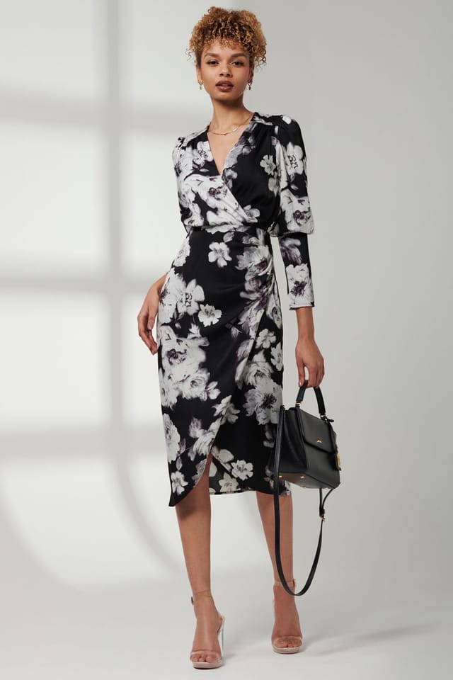 Jolie Moi Jolie Moi Women's Print Satin Wrap Bodycon Dress in Black - 2