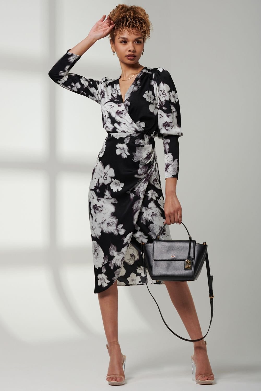 Jolie Moi Jolie Moi Women's Print Satin Wrap Bodycon Dress in Black - 4