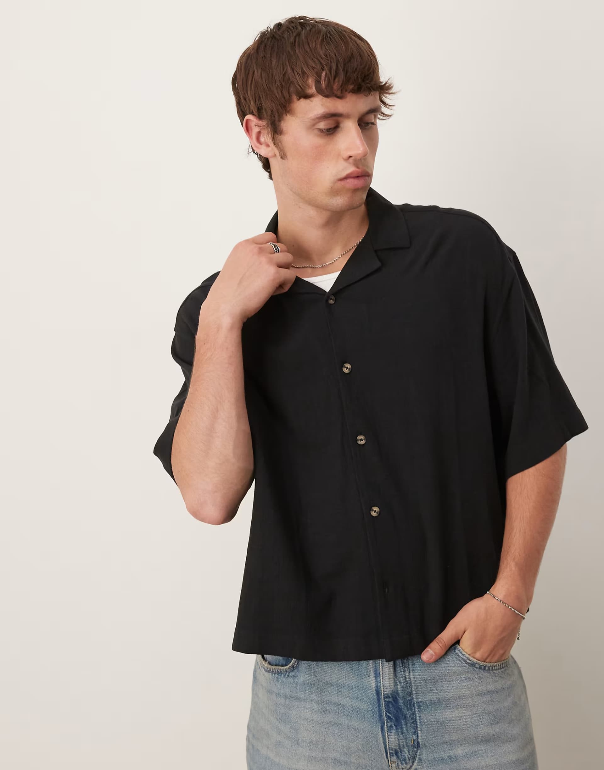 ASOS ASOS DESIGN boxy oversized revere linen blend shirt in black