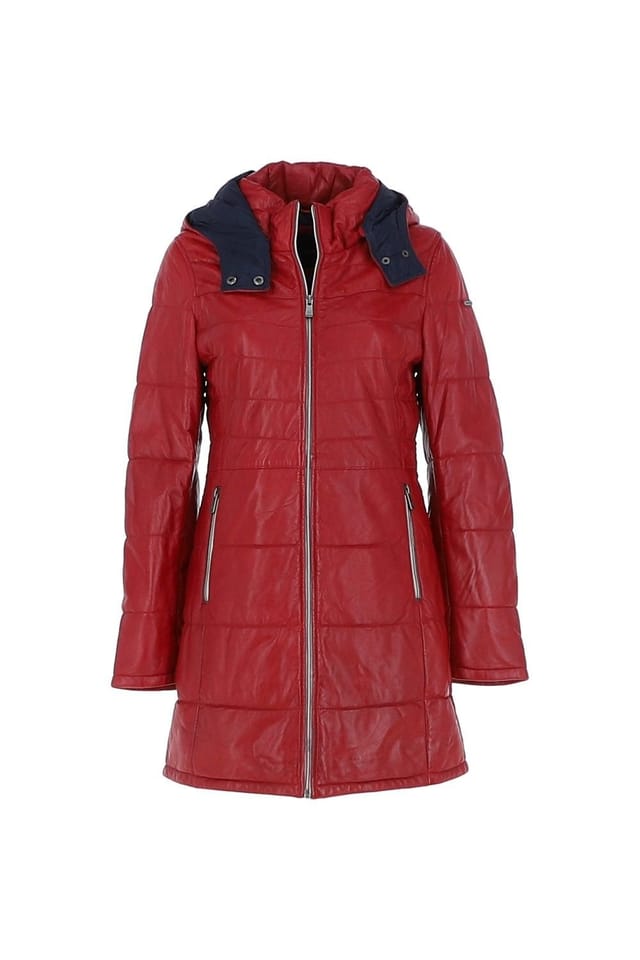 Monomoi Monomoi Women's 'Sofia' Detachable Hood Three Quarter Leather Jacket in Red - 2