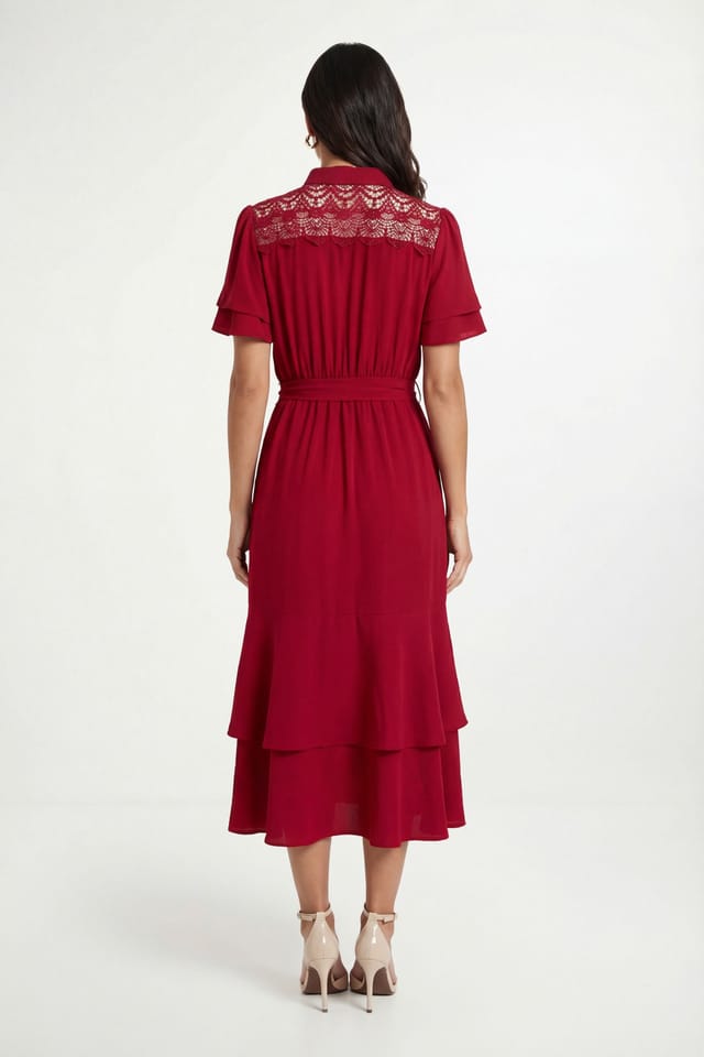 Wallis Wallis Women's Petite Lace Insert Ruffle Sleeve Midi Dress in Red - 2
