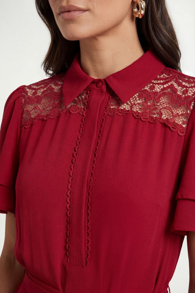 Wallis Wallis Women's Petite Lace Insert Ruffle Sleeve Midi Dress in Red - 3