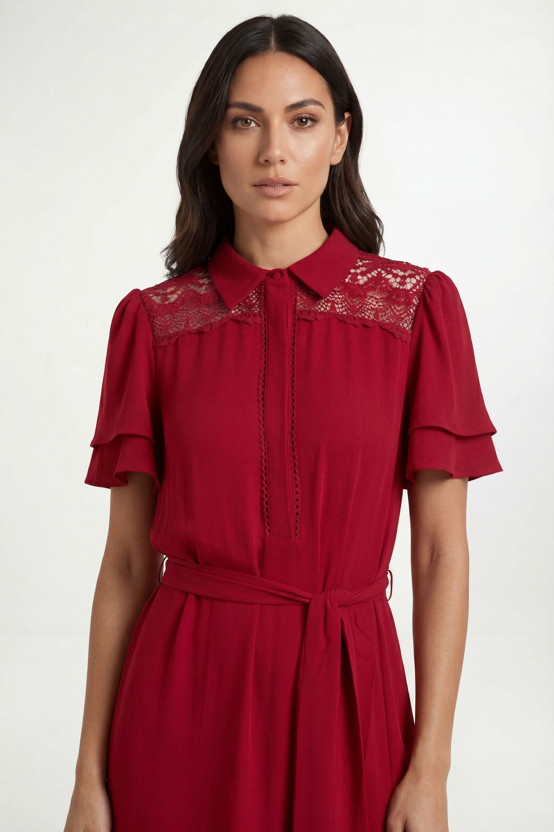 Wallis Wallis Women's Petite Lace Insert Ruffle Sleeve Midi Dress in Red - 4