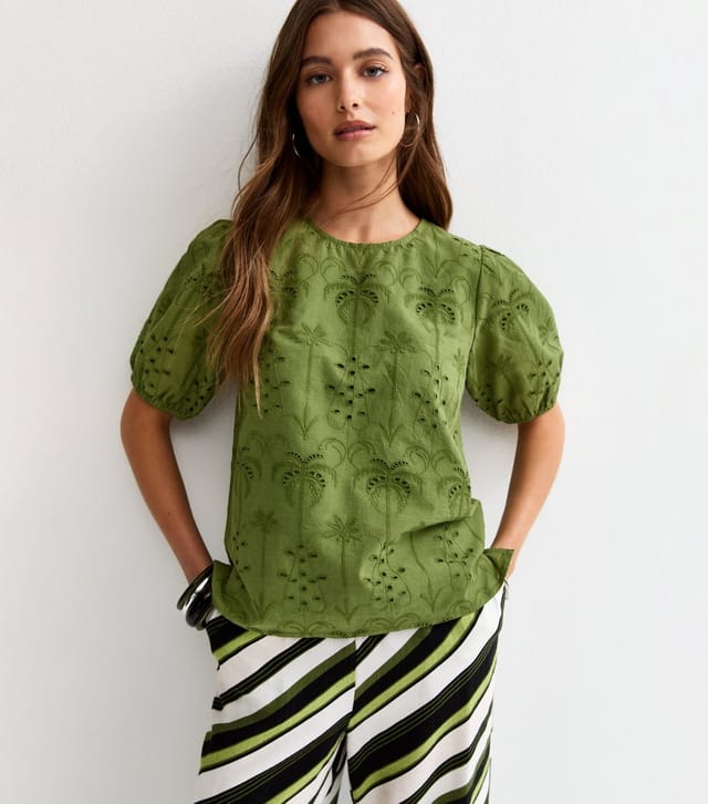 New Look Women's Dark Khaki Palm Cutwork Puff Blouse New Look - 2