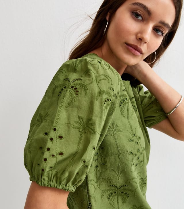 New Look Women's Dark Khaki Palm Cutwork Puff Blouse New Look - 3