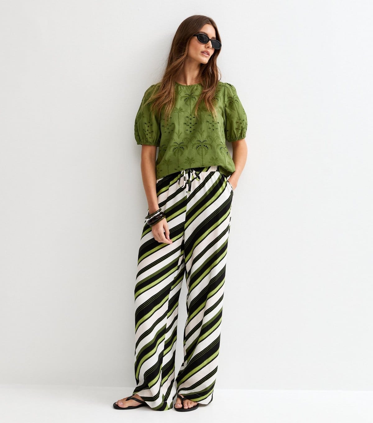 New Look Women's Dark Khaki Palm Cutwork Puff Blouse New Look - 4