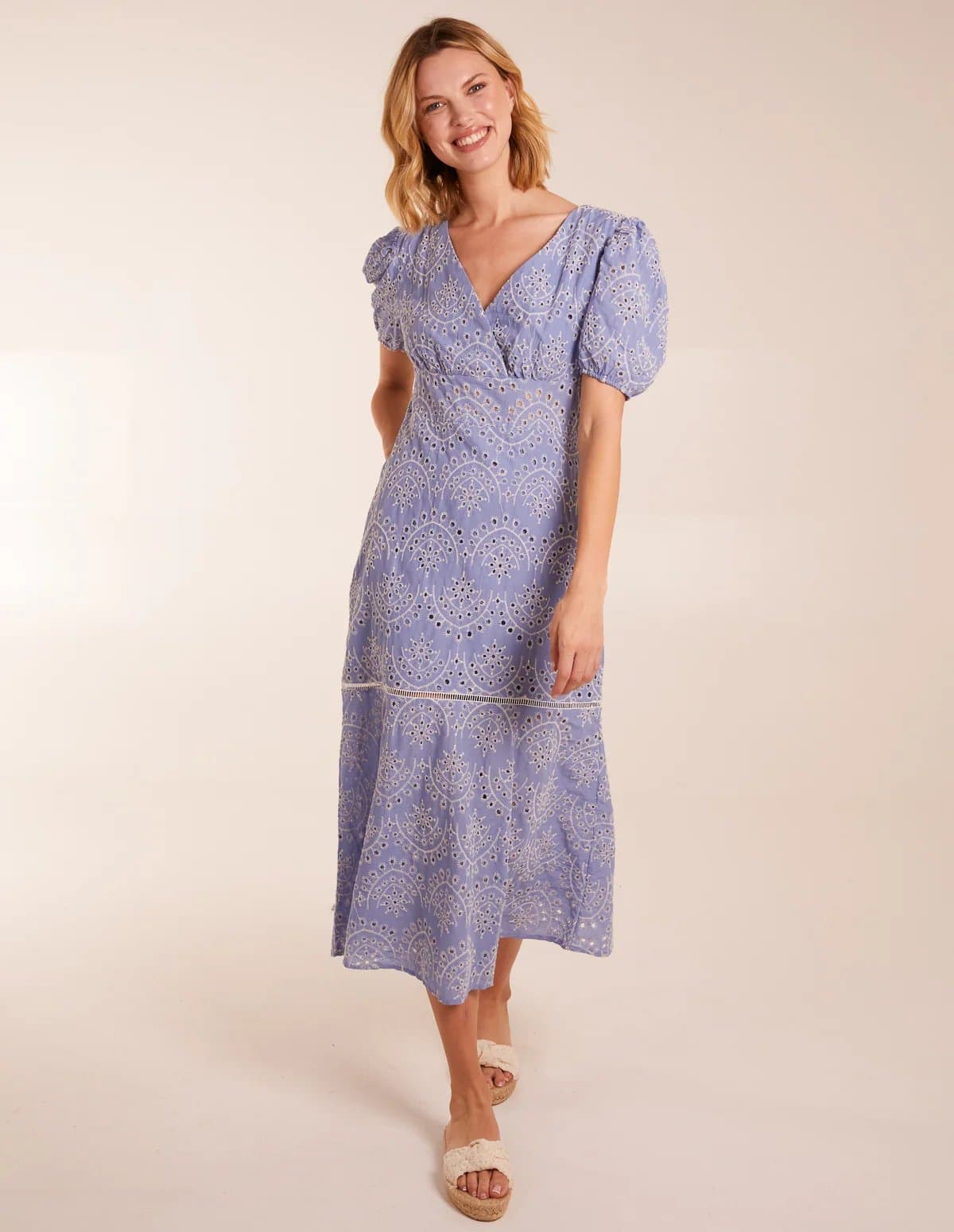 Blue Vanilla Broderie Anglaise Puff Sleeve Midi Dress