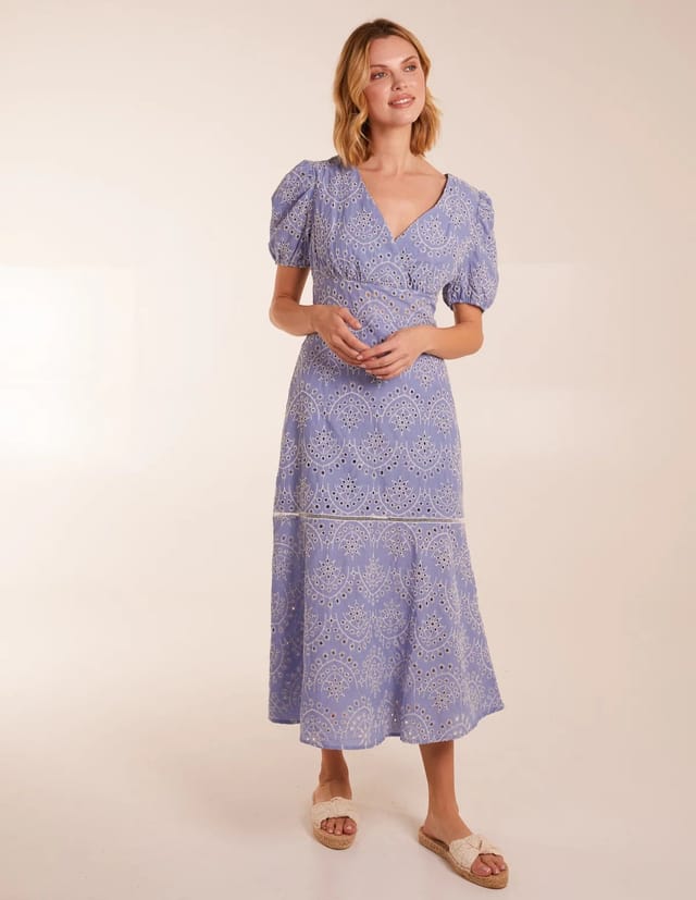 Blue Vanilla Broderie Anglaise Puff Sleeve Midi Dress - 3