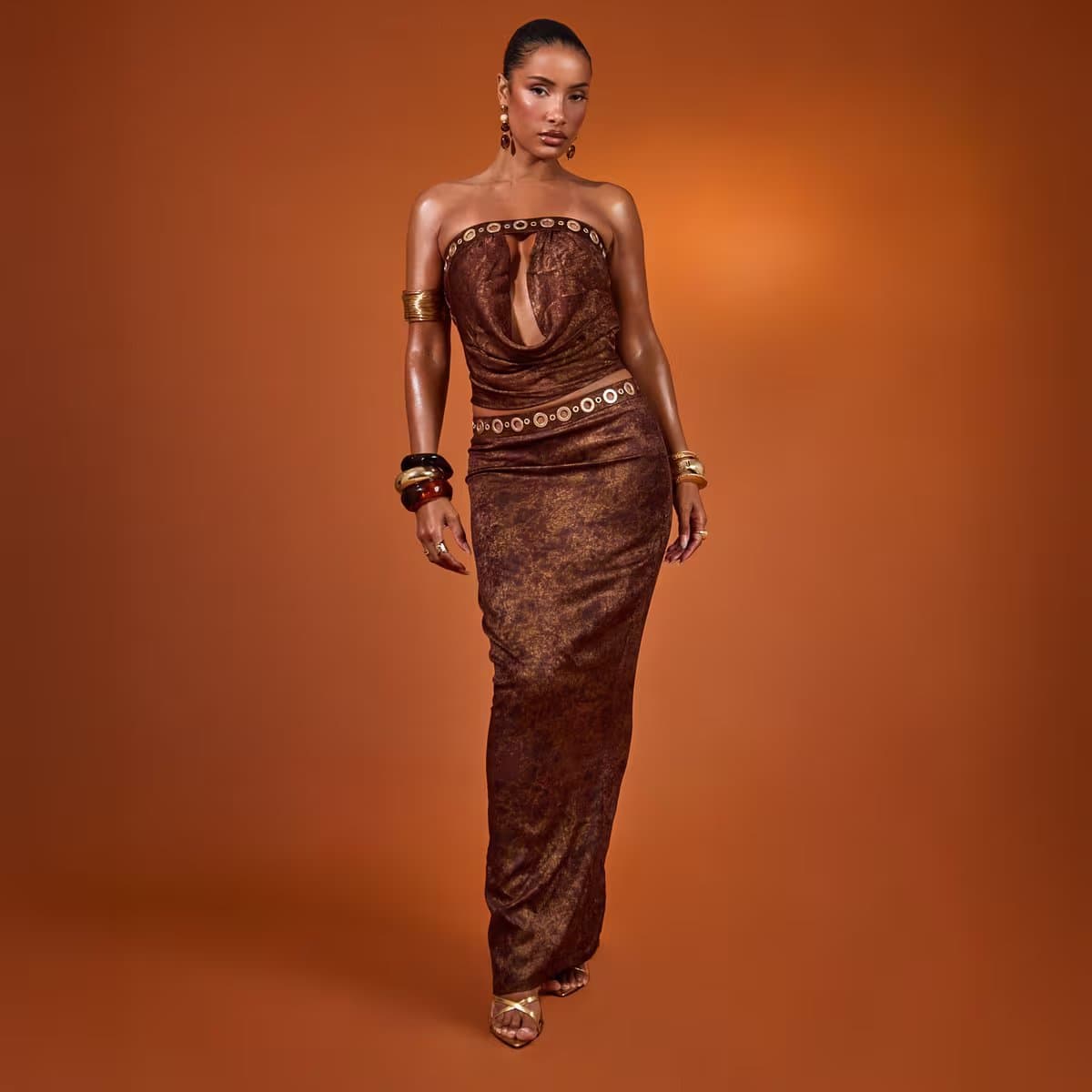 EGO Mid Rise Eyelet Trim Detail Maxi Skirt In Brown Satin, Women's Size UK 6
