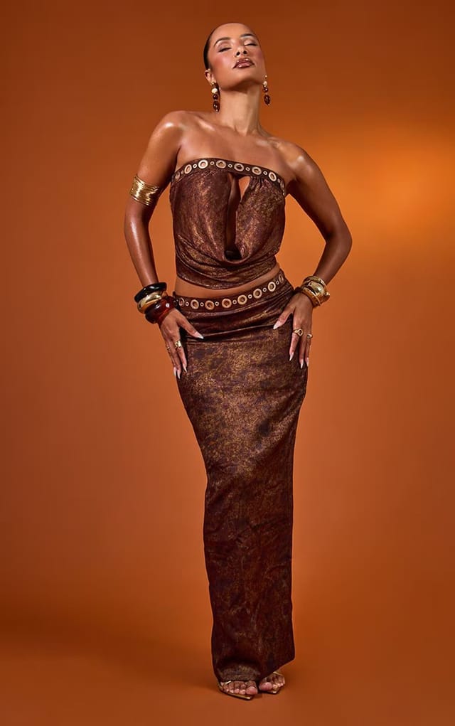 EGO Mid Rise Eyelet Trim Detail Maxi Skirt In Brown Satin, Women's Size UK 6 - 2