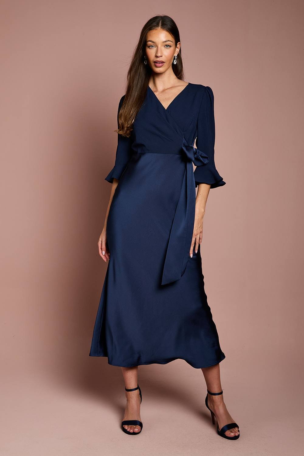 Coast Coast Women's Ruffle Sleeve Satin Back Crepe Wrap Dress in Navy - 2