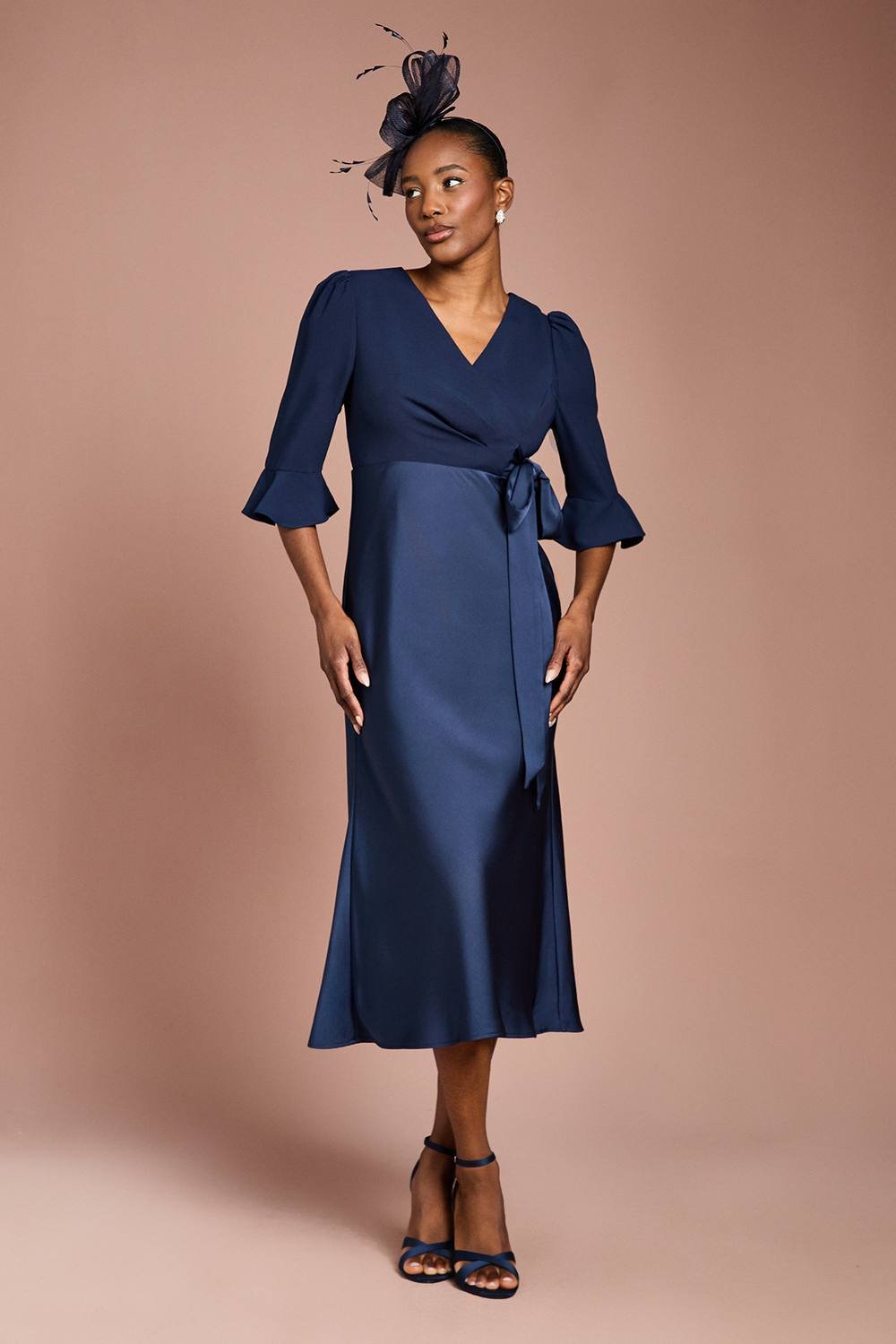 Coast Coast Women's Ruffle Sleeve Satin Back Crepe Wrap Dress in Navy - 4