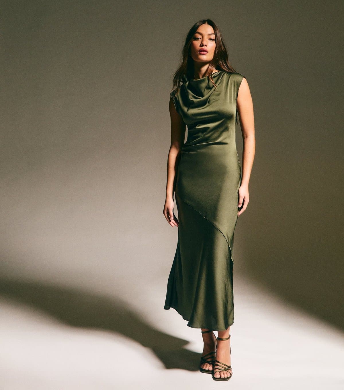 New Look Women's Light Khaki Satin Cowl Neck Midi Dress New Look