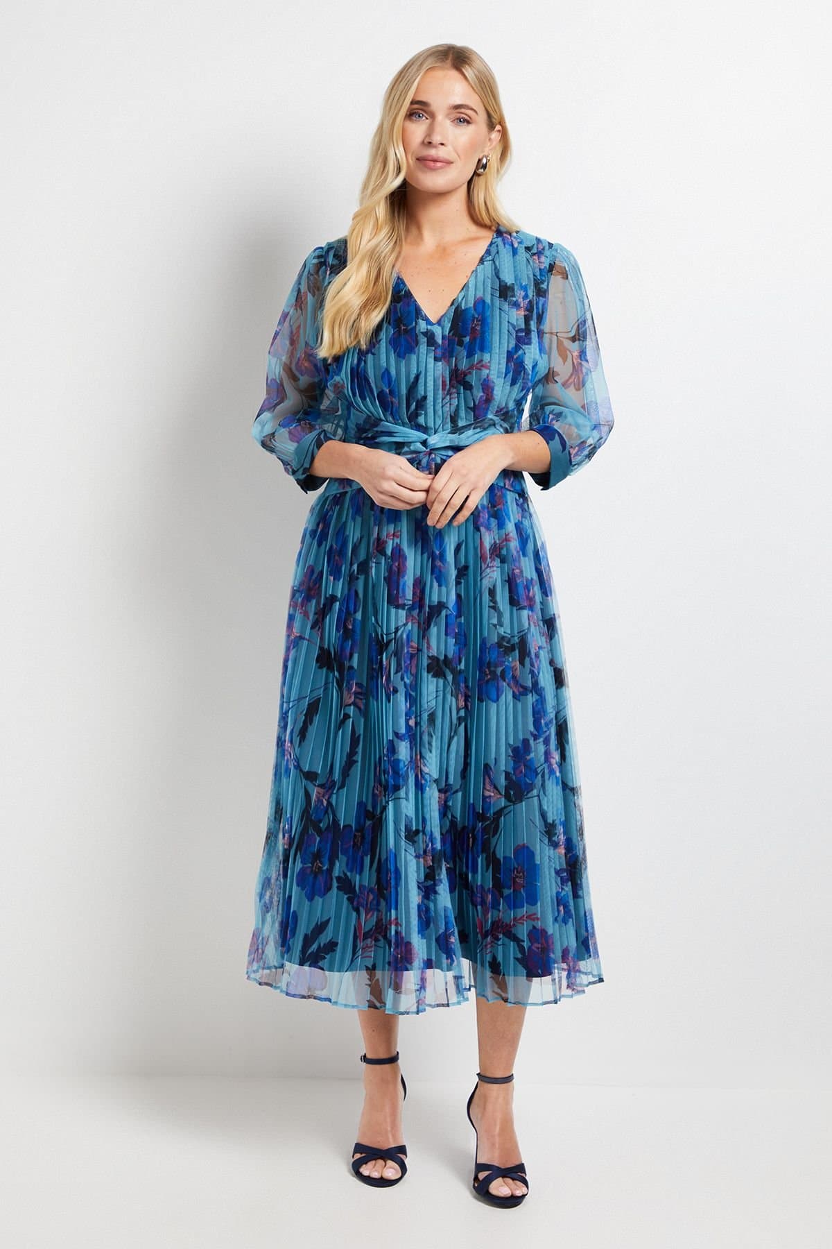 Wallis Wallis Women's Petite Mesh Pleated Twist Waist Midi Dress in Blue