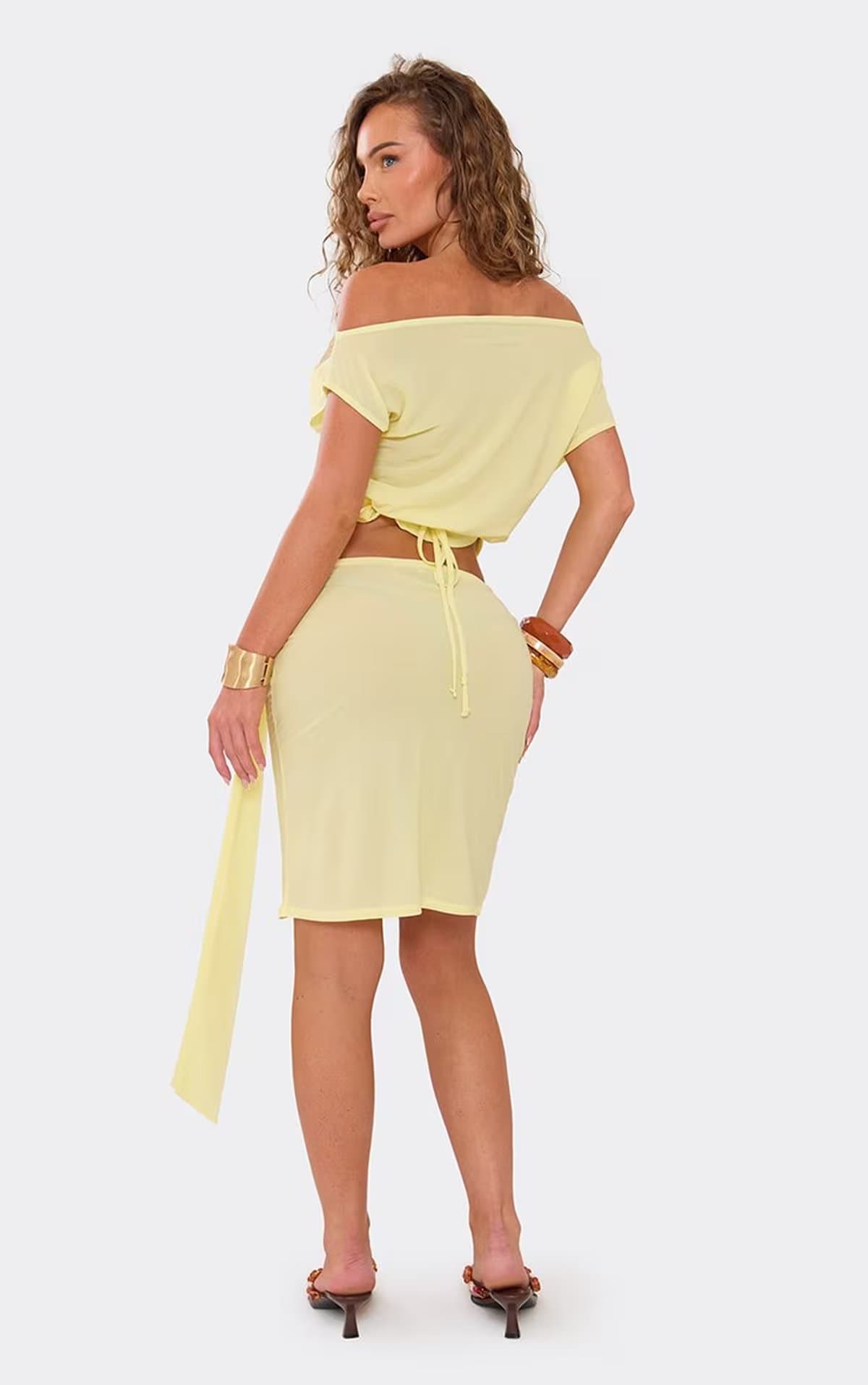 EGO Draped Detail Midi Skirt In Lemon., Women's Size UK 6