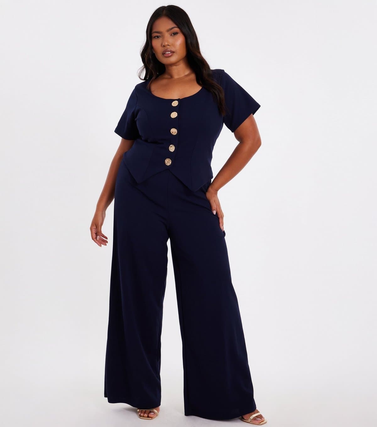 Quiz Women's Plus Size Navy Button Detail Jumpsuit Curves Quiz New Look