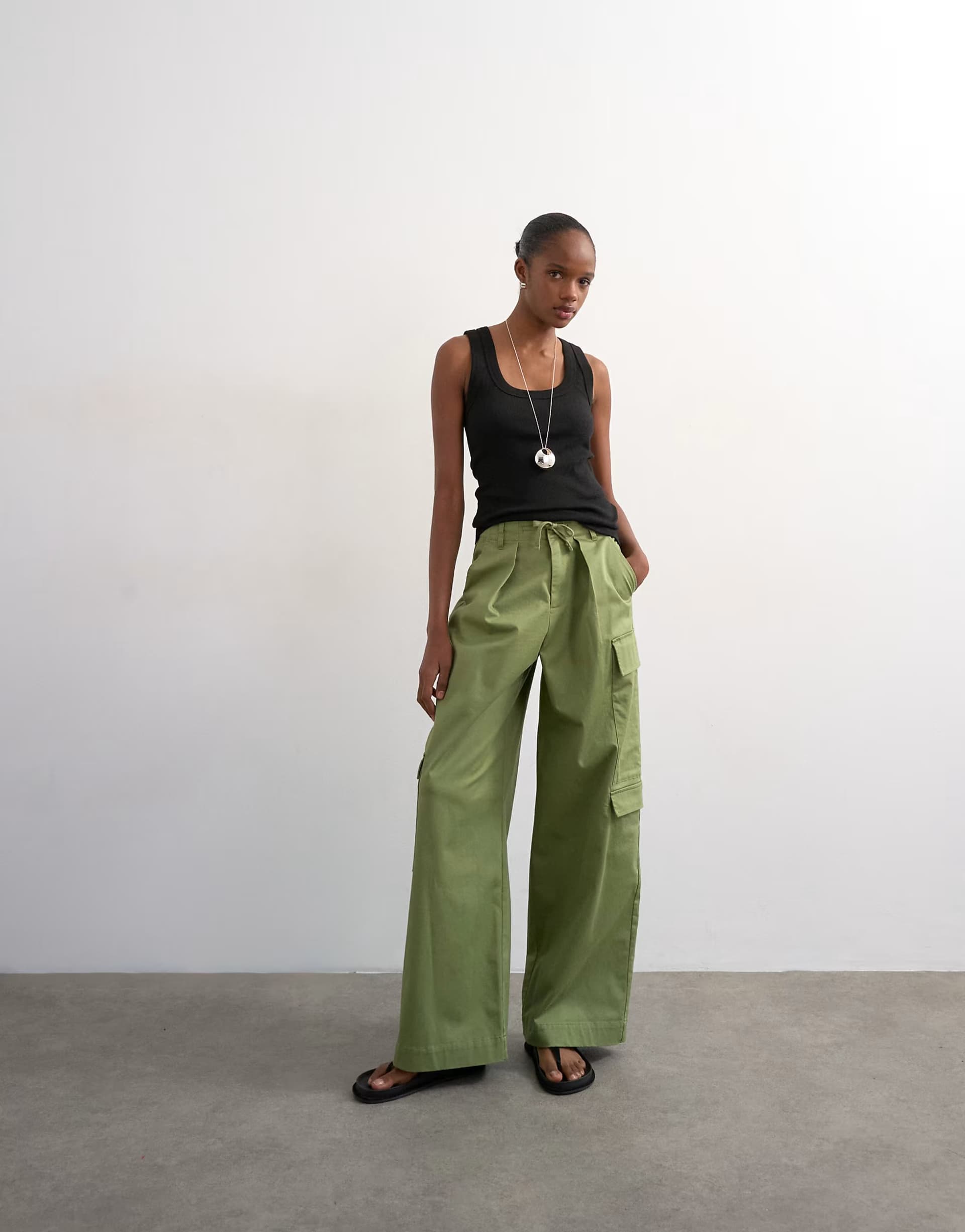 ASOS Topshop clean A line wide leg cargo with tie waist in khaki