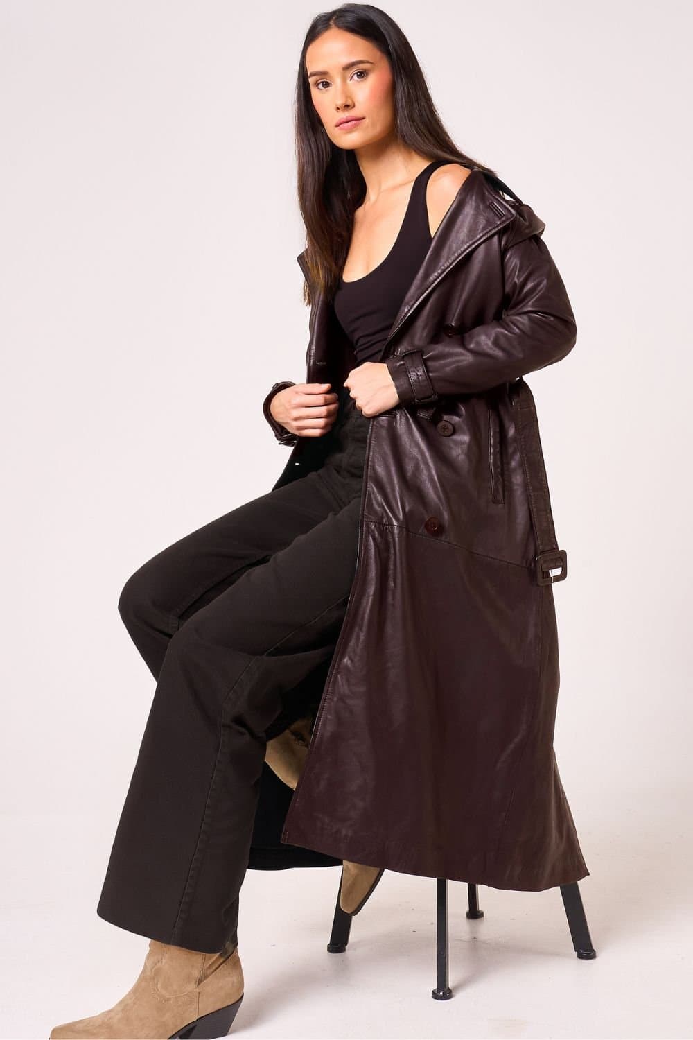 Barneys Originals Barneys Originals Women's Real Leather Burgundy Trench Coat