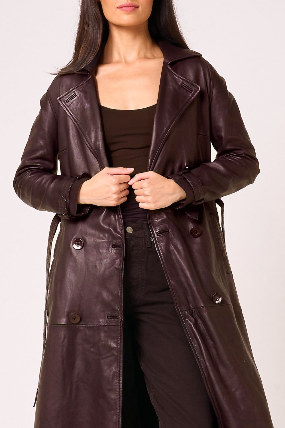 Barneys Originals Barneys Originals Women's Real Leather Burgundy Trench Coat - 2