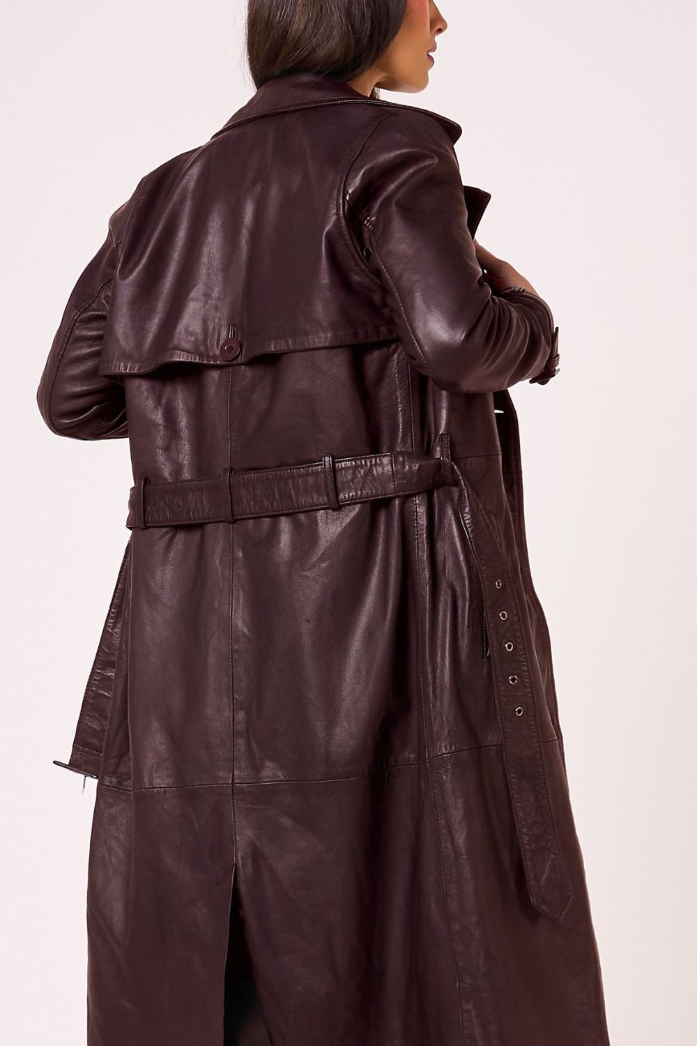 Barneys Originals Barneys Originals Women's Real Leather Burgundy Trench Coat - 3